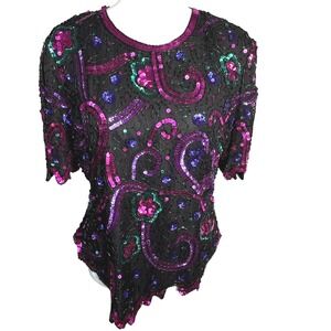 LAURENCE KAZAR Womens XL Black Purple Beaded Sequin Embellished Party Top Blouse